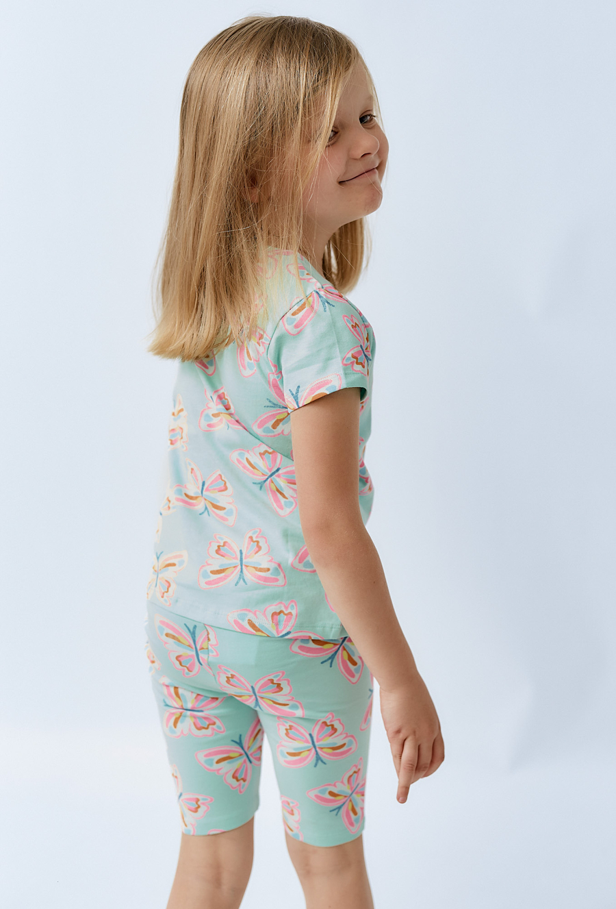 Koszulka dziewczęca - niebieska w różowe motyle