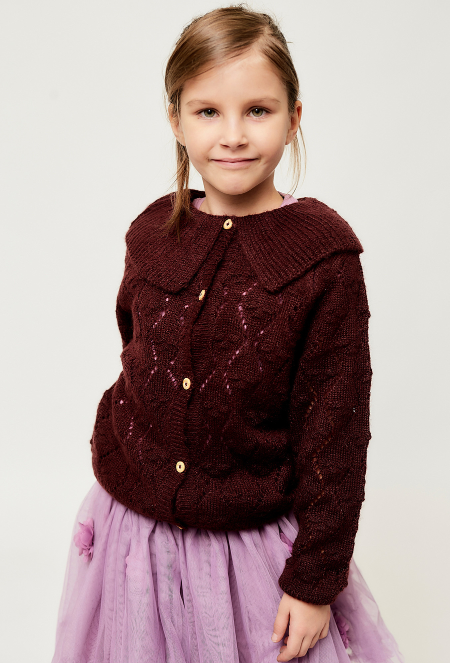 Bordowy kardigan dziewczęcy z kołnierzem