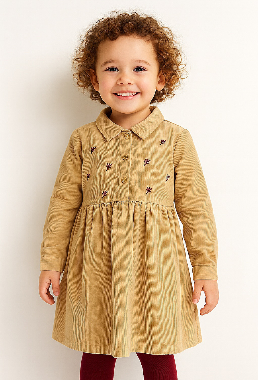 Sukienka sztruksowa z haftem i kołnierzykiem