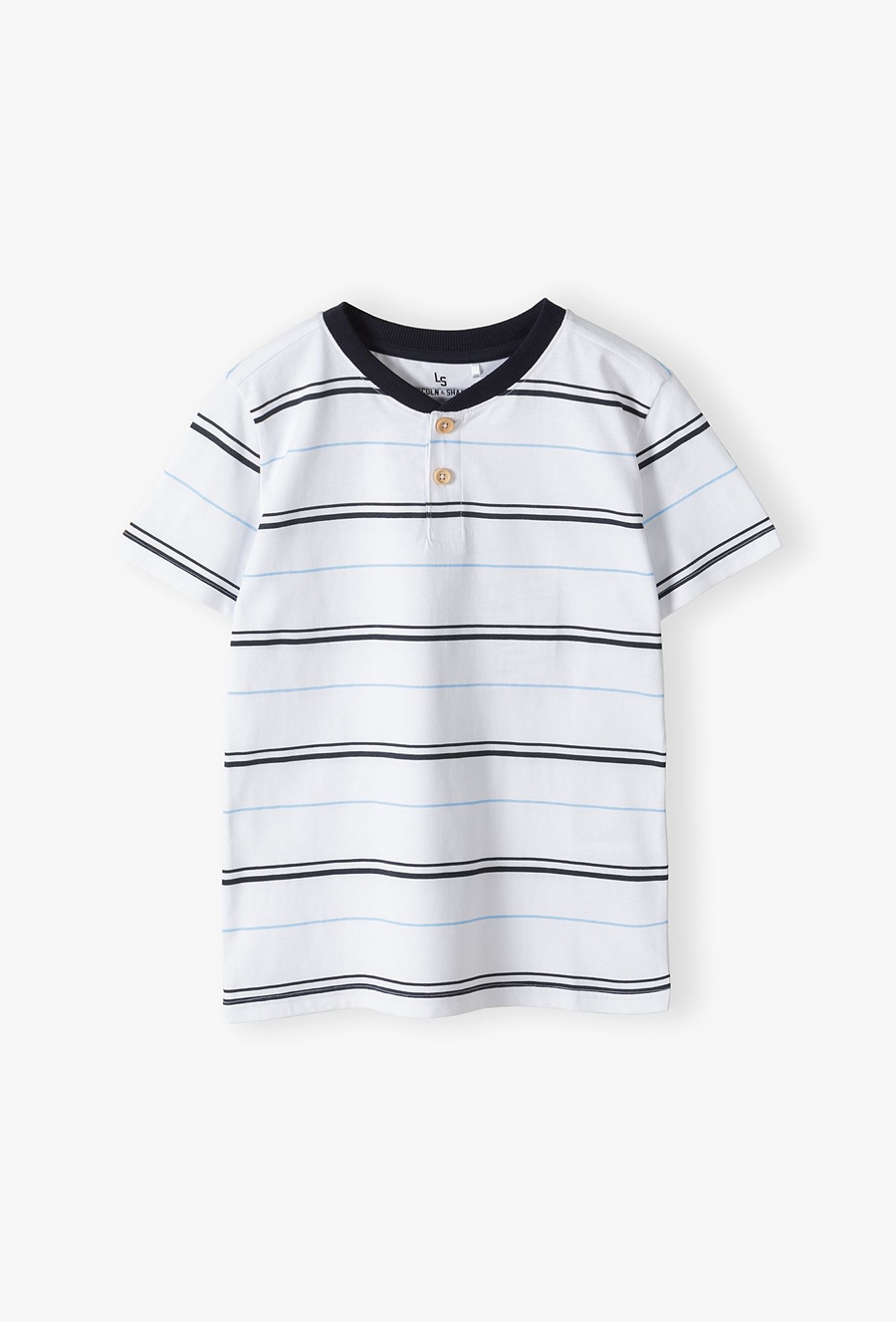 T-shirt dla chłopca - biały w granatowe paski - Lincoln&Sharks