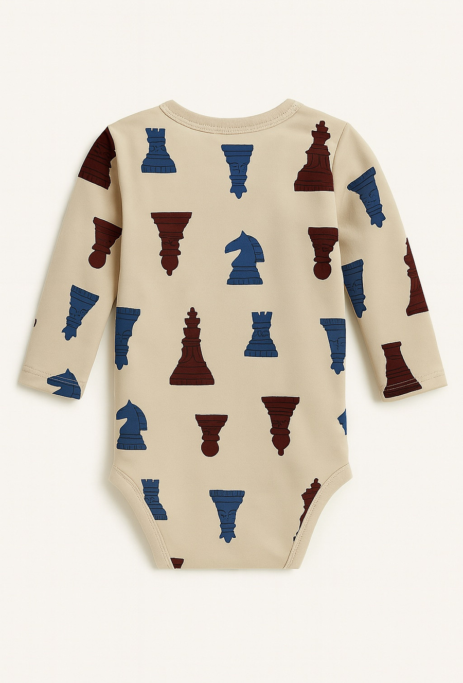 Beżowe body niemowlęce z motywem szachów.