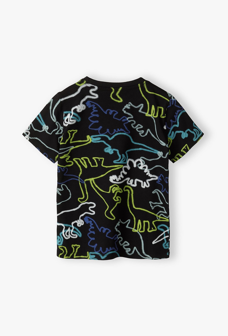 Czarny t-shirt z neonowymi nadrukami dinozaurów