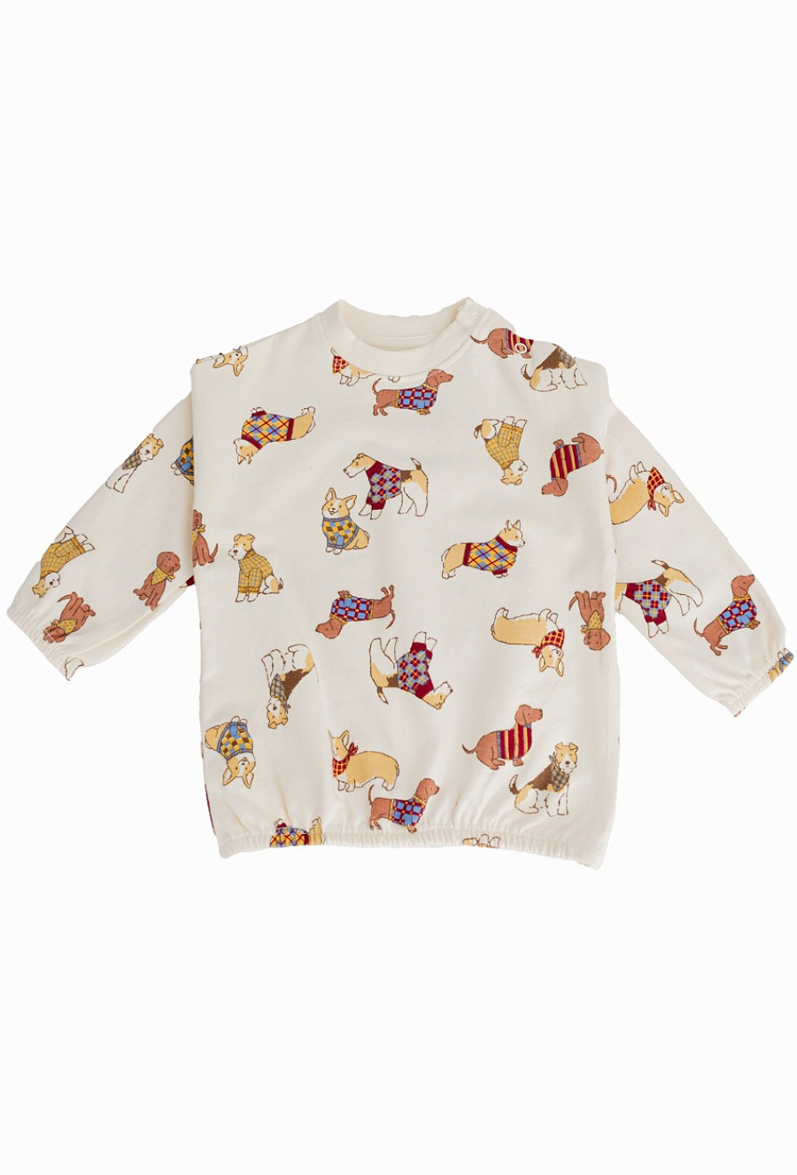 Beżowy komplet dresowy dziecięcy z nadrukiem piesków.