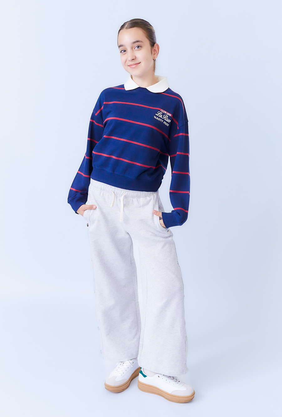 Spodnie dziewczęce wide leg szare z napami i sznurkiem