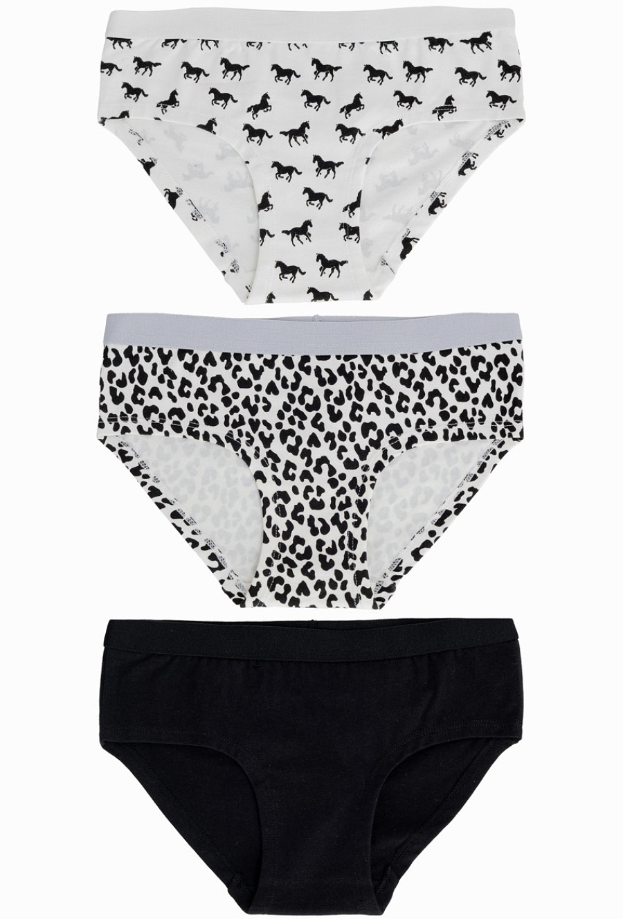 Hipstery dziewczęce 3-pak – konie panterka. czarne.