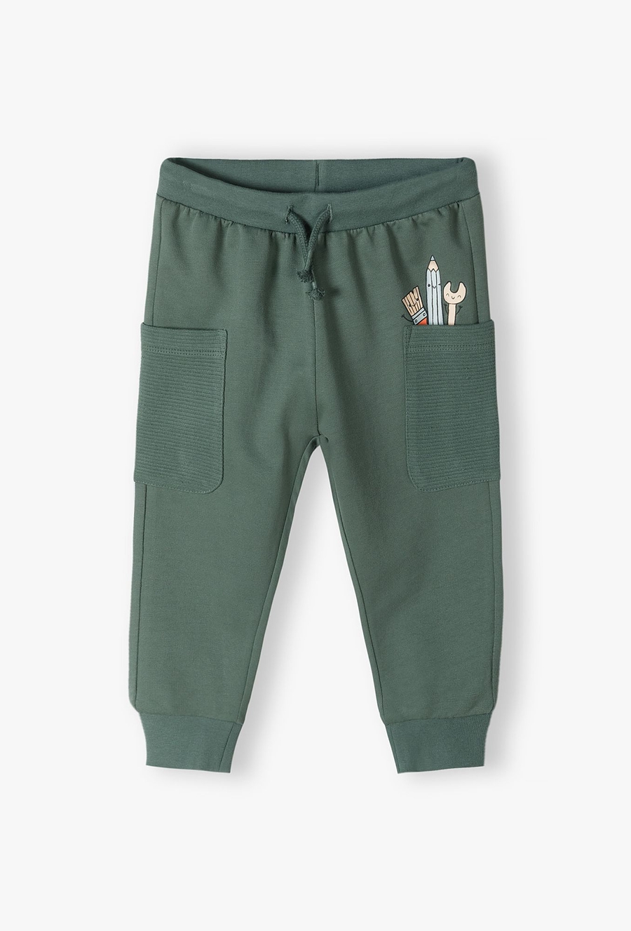 Zielone bawełniane spodnie dresowe niemowlęce z kieszonkami