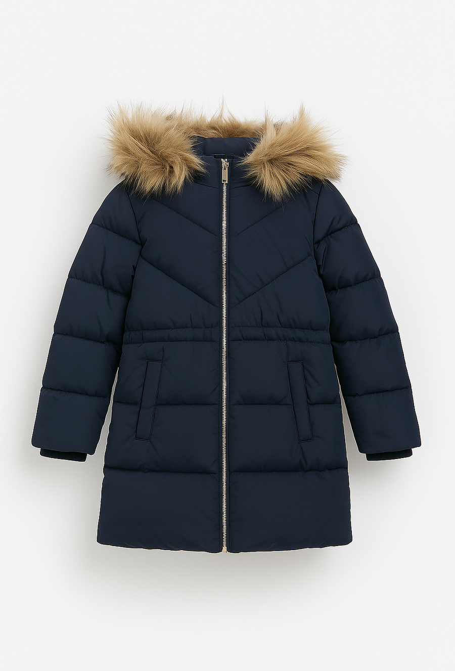 Granatowa kurtka zimowa z kapturem i futerkiem