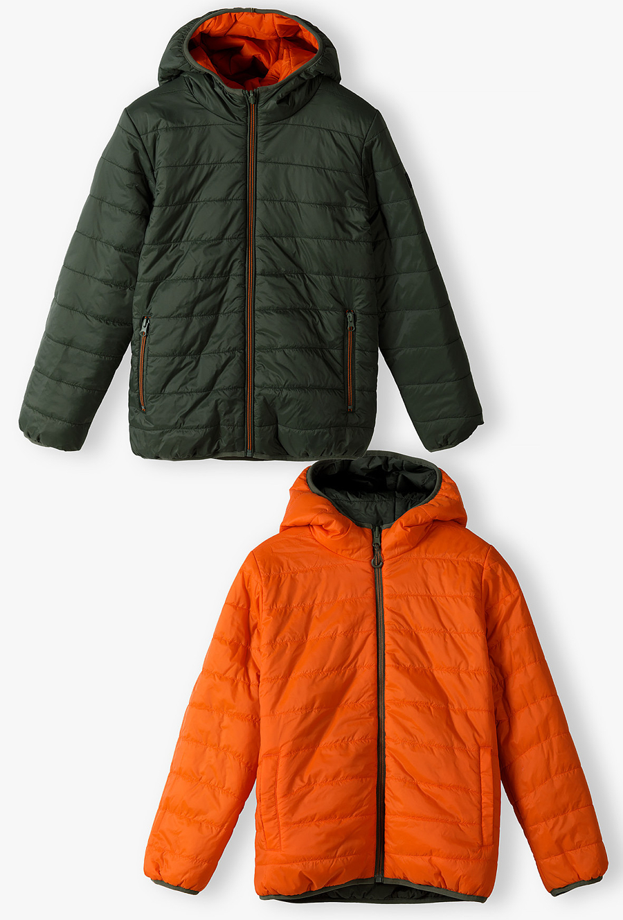 Dwustronna przejściowa kurtka dla chłopca - pomarańczowo-zielona