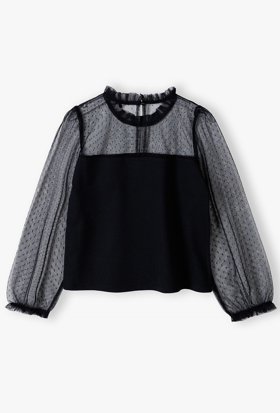 Czarna elegancka bluzka dziewczęca z ozdobną stójką