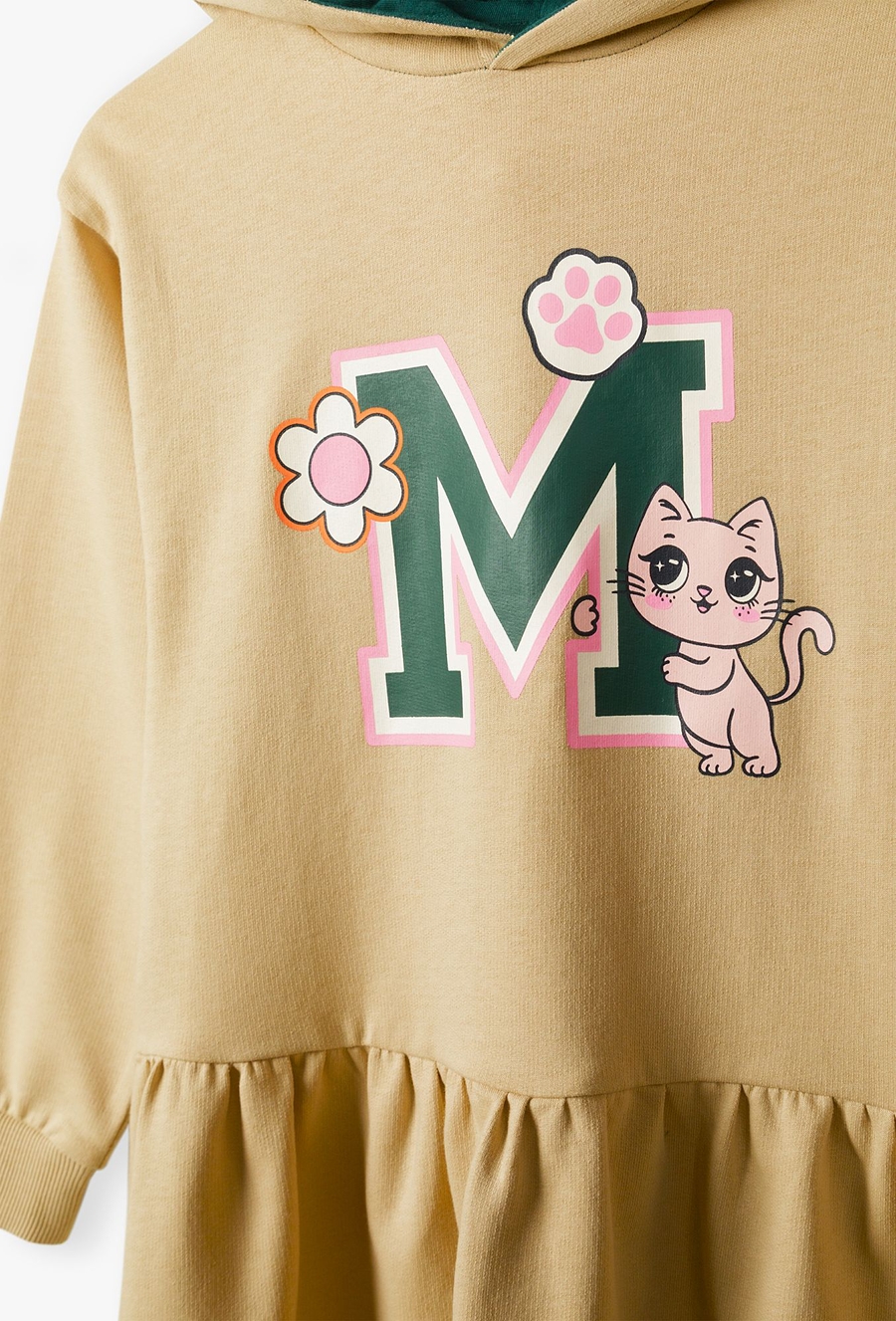 Sukienka z dzianiny dresowej - beżowa z kotem - 510.15.