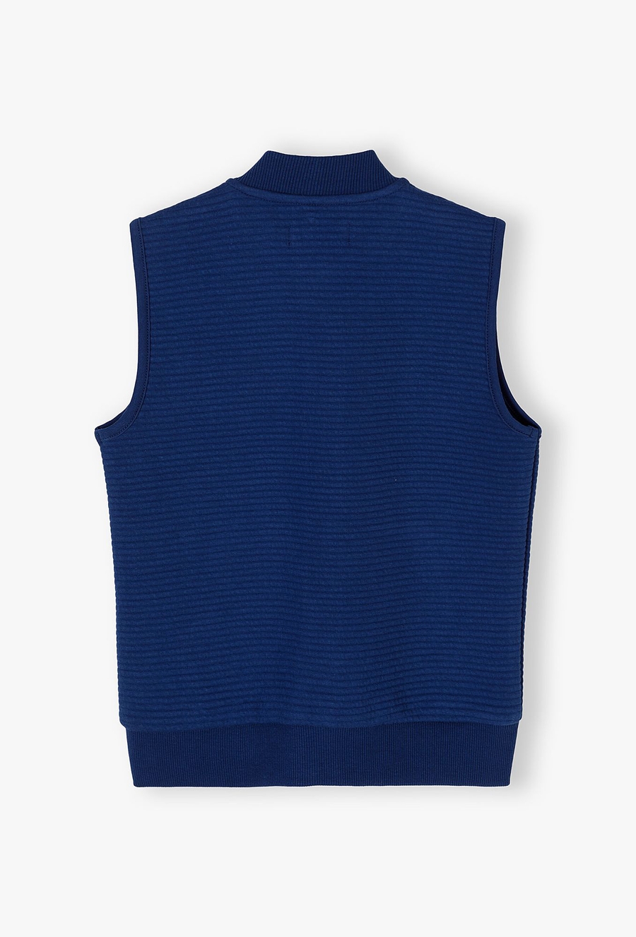 Bezrękawnik chłopięcy w prążki granatowy ze stójką