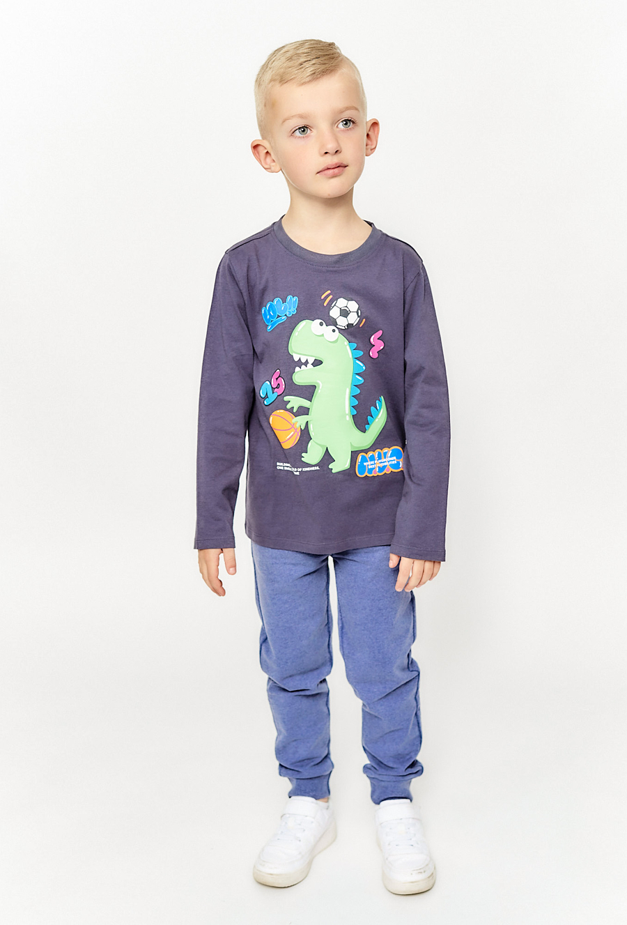 Chłopięce spodnie dresowe - niebieskie z dinozaurem