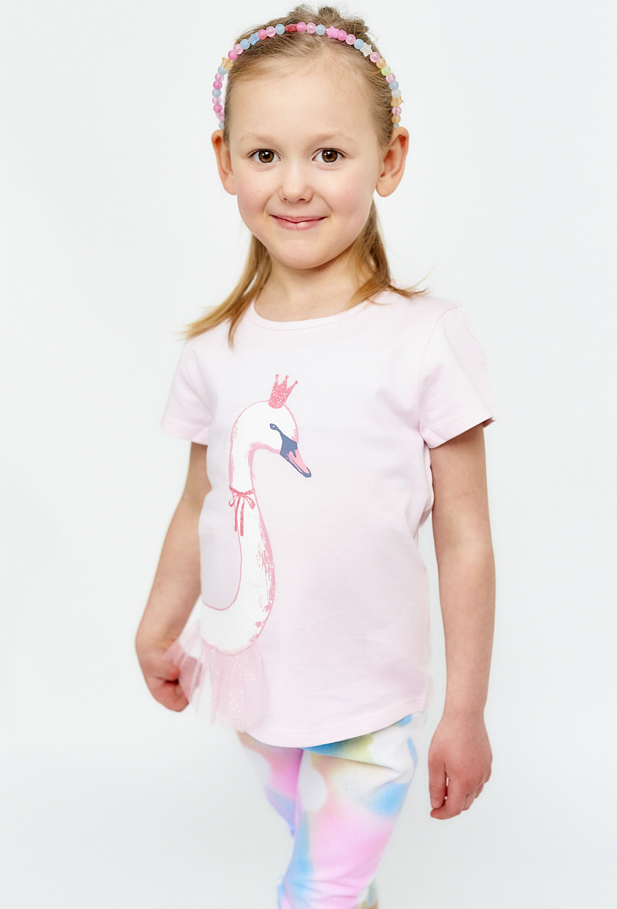 Różowy T-shirt dziewczęcy z łabędziem