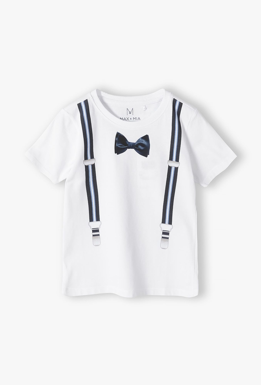 T-shirt biały z imitacją muchy i szelek - Max&Mia