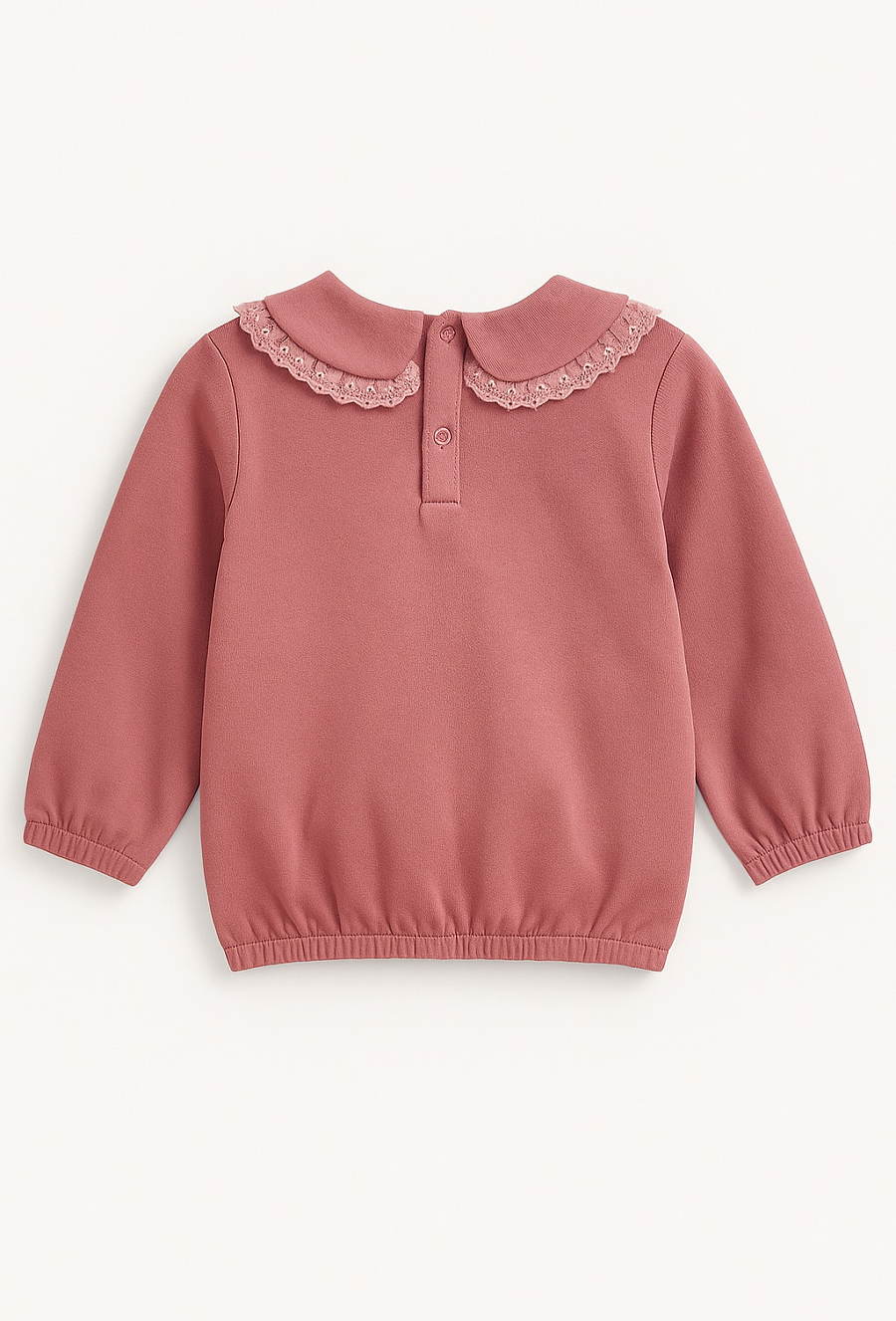 Różowa bluza dziewczęca z koronkowym kołnierzykiem.