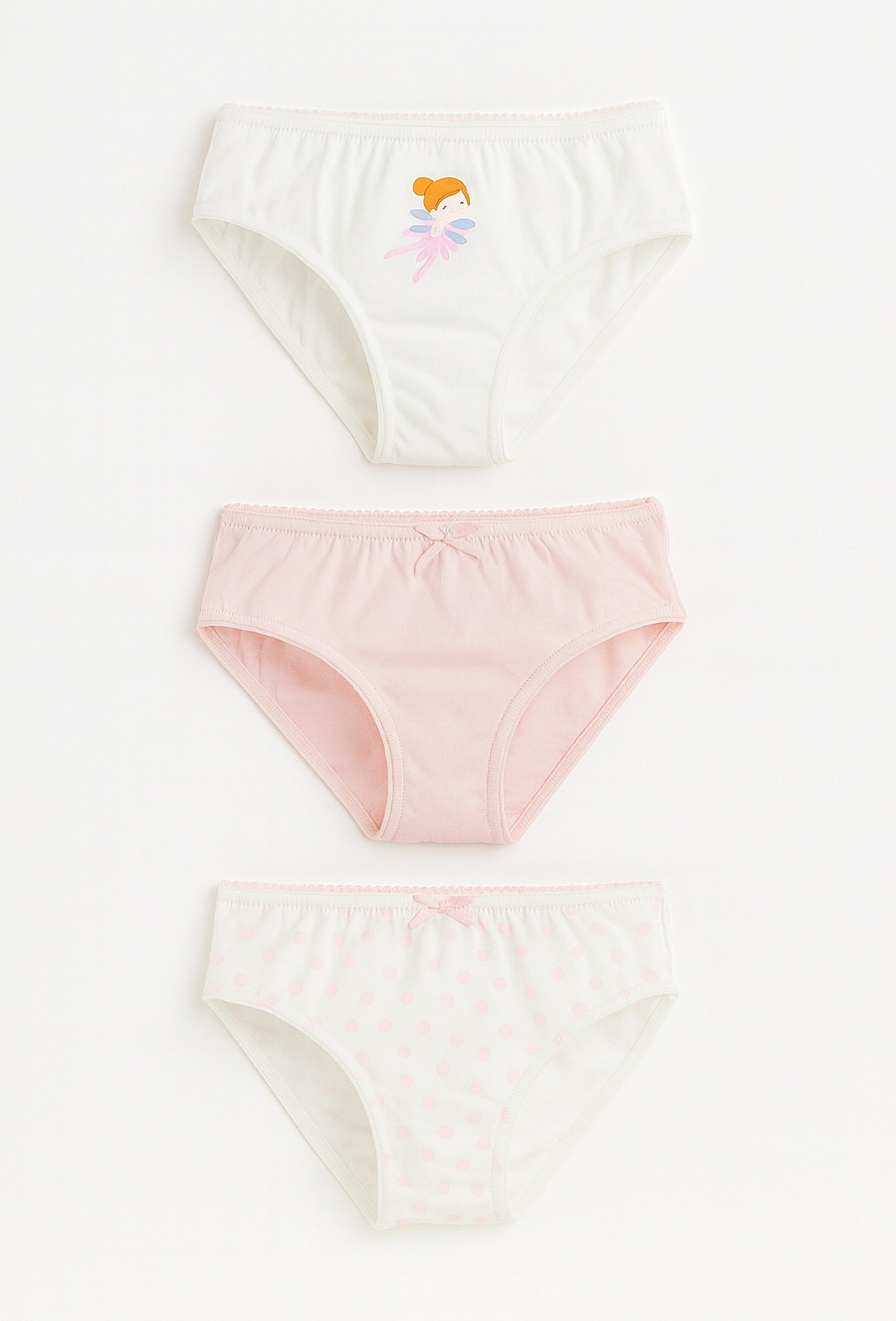 Majtki dziewczęce 3-pak – pastelowe z nadrukiem i wzorami.