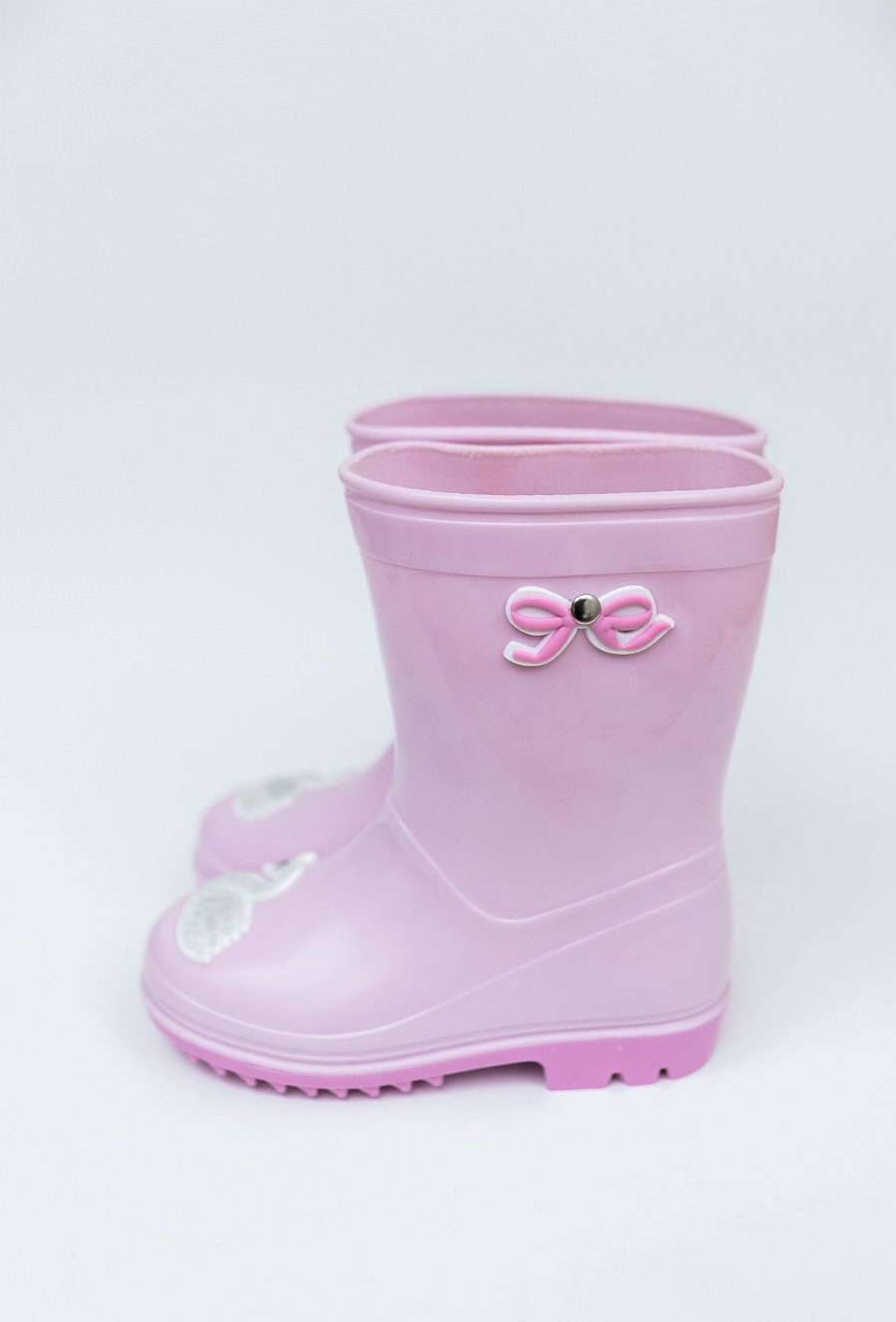 Różowe kalosze dziecięce z brokatowym łabędziem