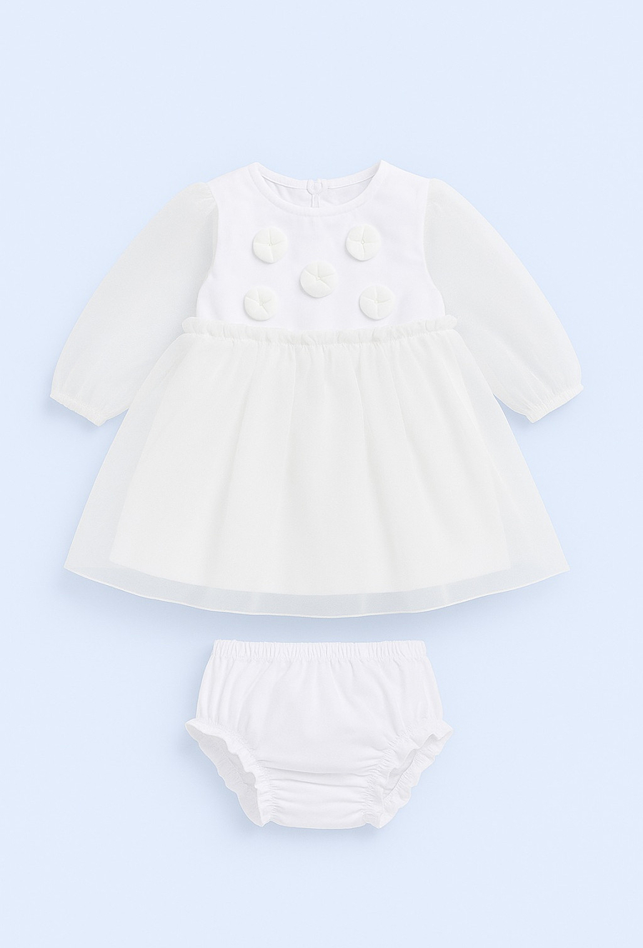 Biały komplet dla niemowlaka – sukienka i majteczki