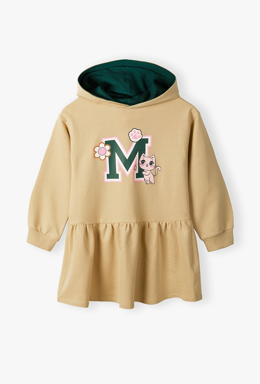 Sukienka z dzianiny dresowej - beżowa z kotem - 510.15.