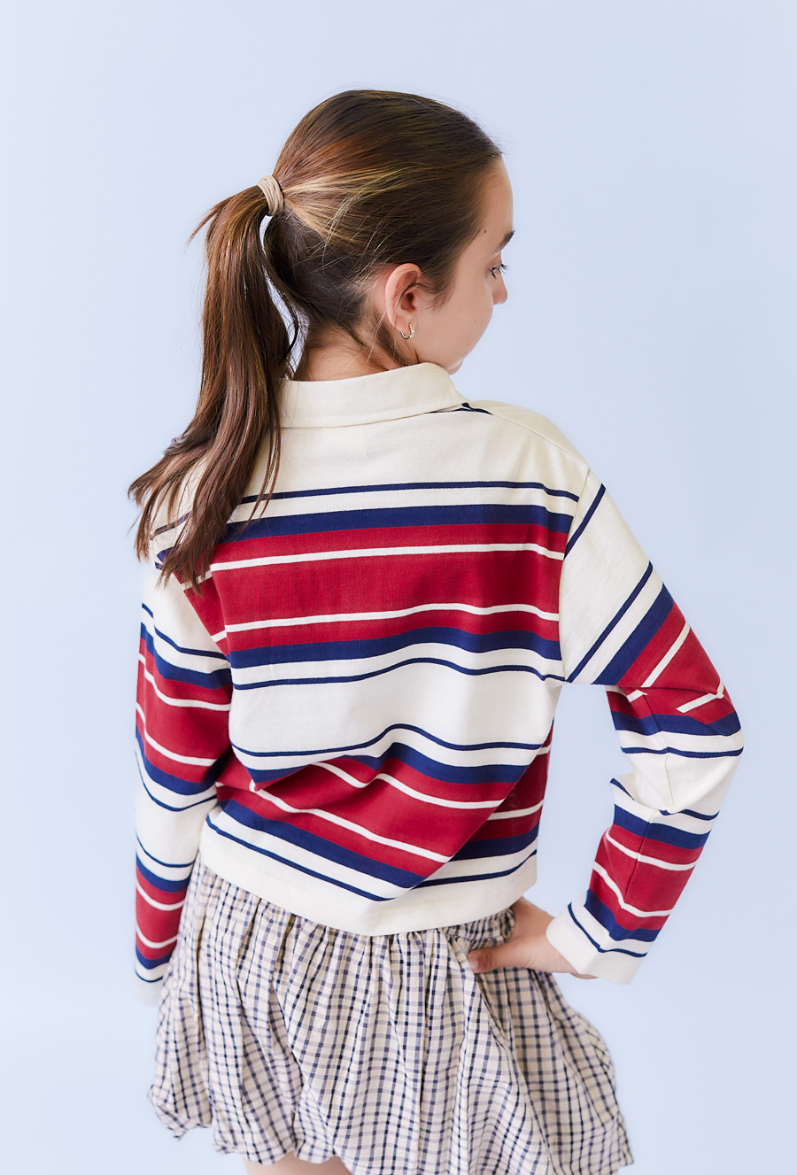 Czerwone dziewczęce polo w paski z długim rękawem