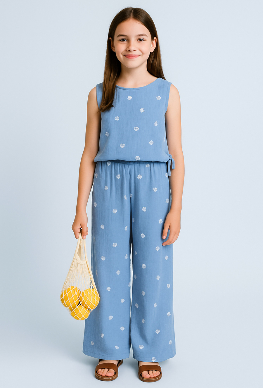 Spodnie dziewczęce muślinowe wide leg – niebieskie z muszelkami