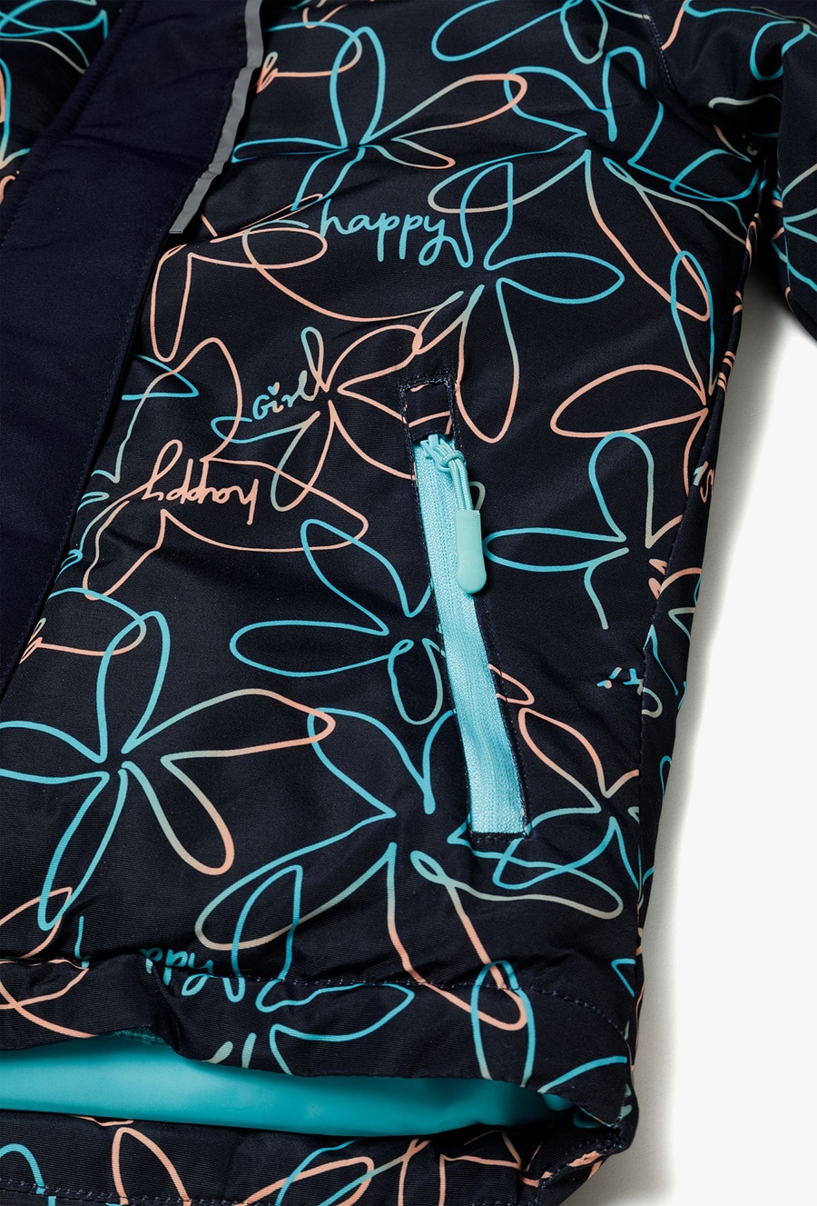 Kurtka narciarska dla dziewczynki - granatowa w kwiaty