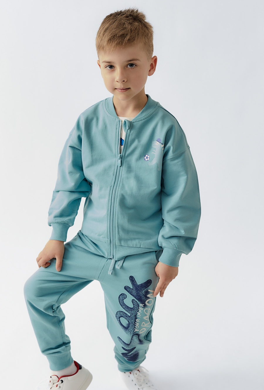 Bluza dresowa dla chłopca - zielona z dinozaurem