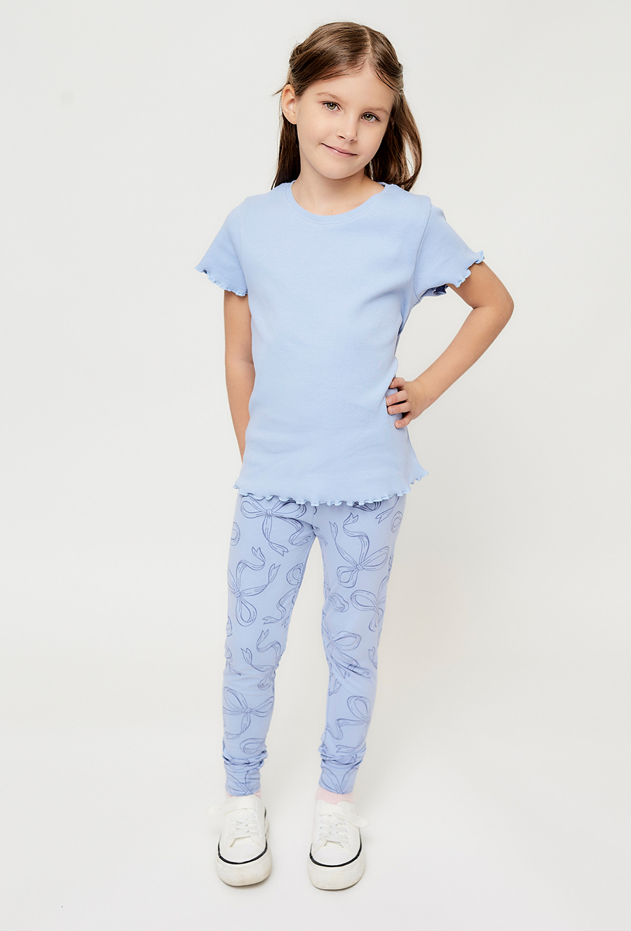 Legginsy dla dziewczynkio - niebieskie z nadrukiem wstążek