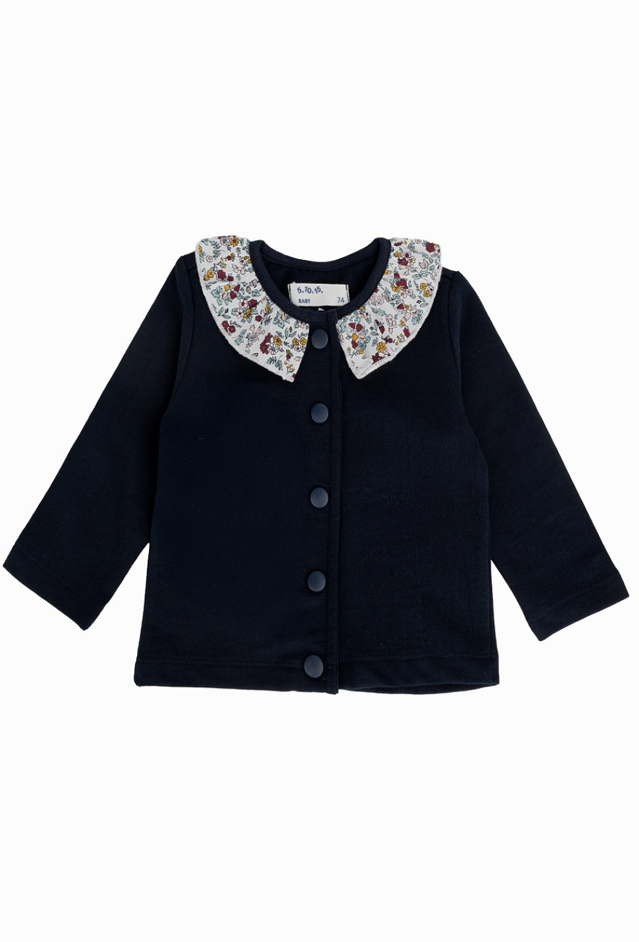Granatowa bluza niemowlęca z kwiatowym kołnierzykiem.