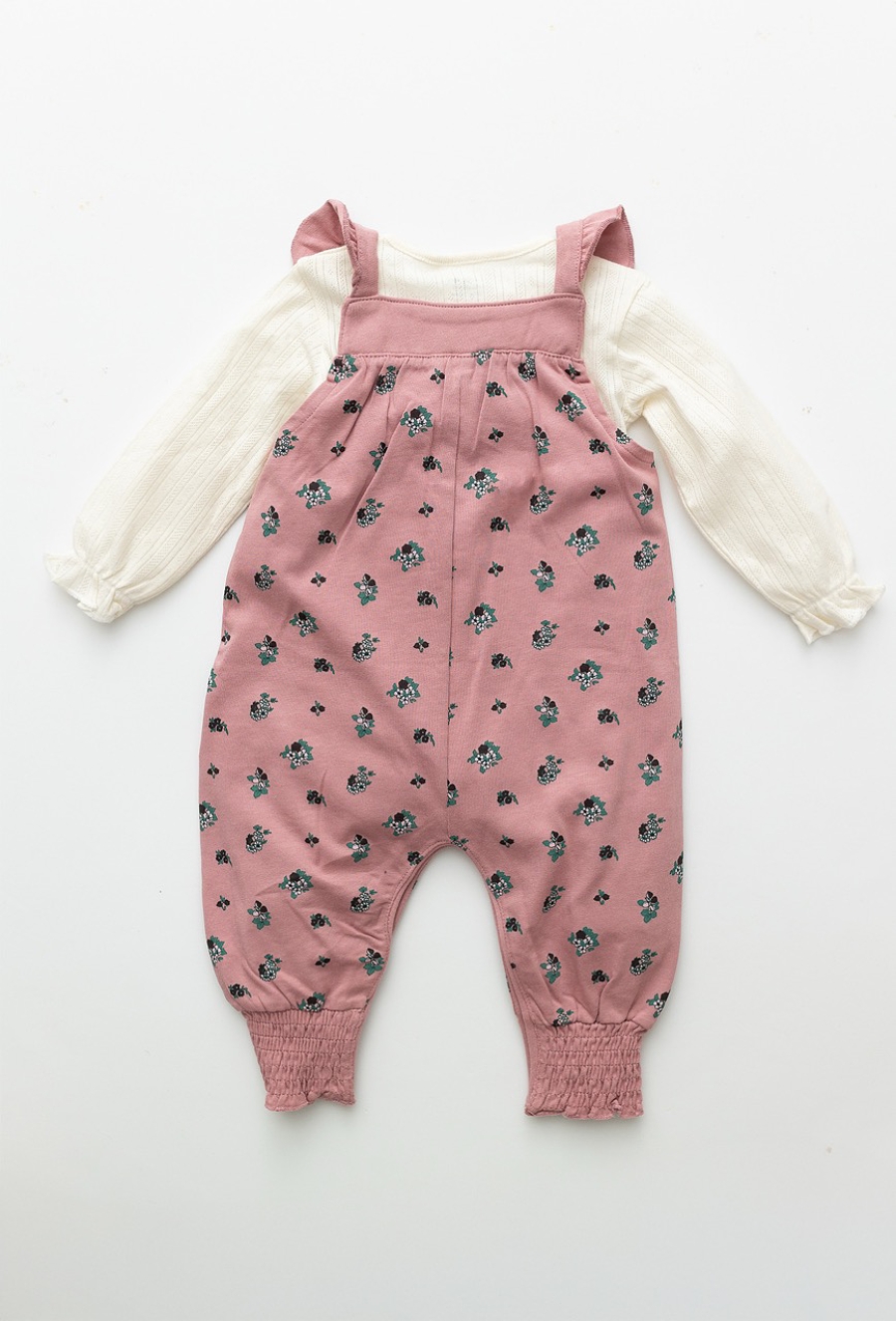 Komplet niemowlęcy – różowe ogrodniczki i emowe body
