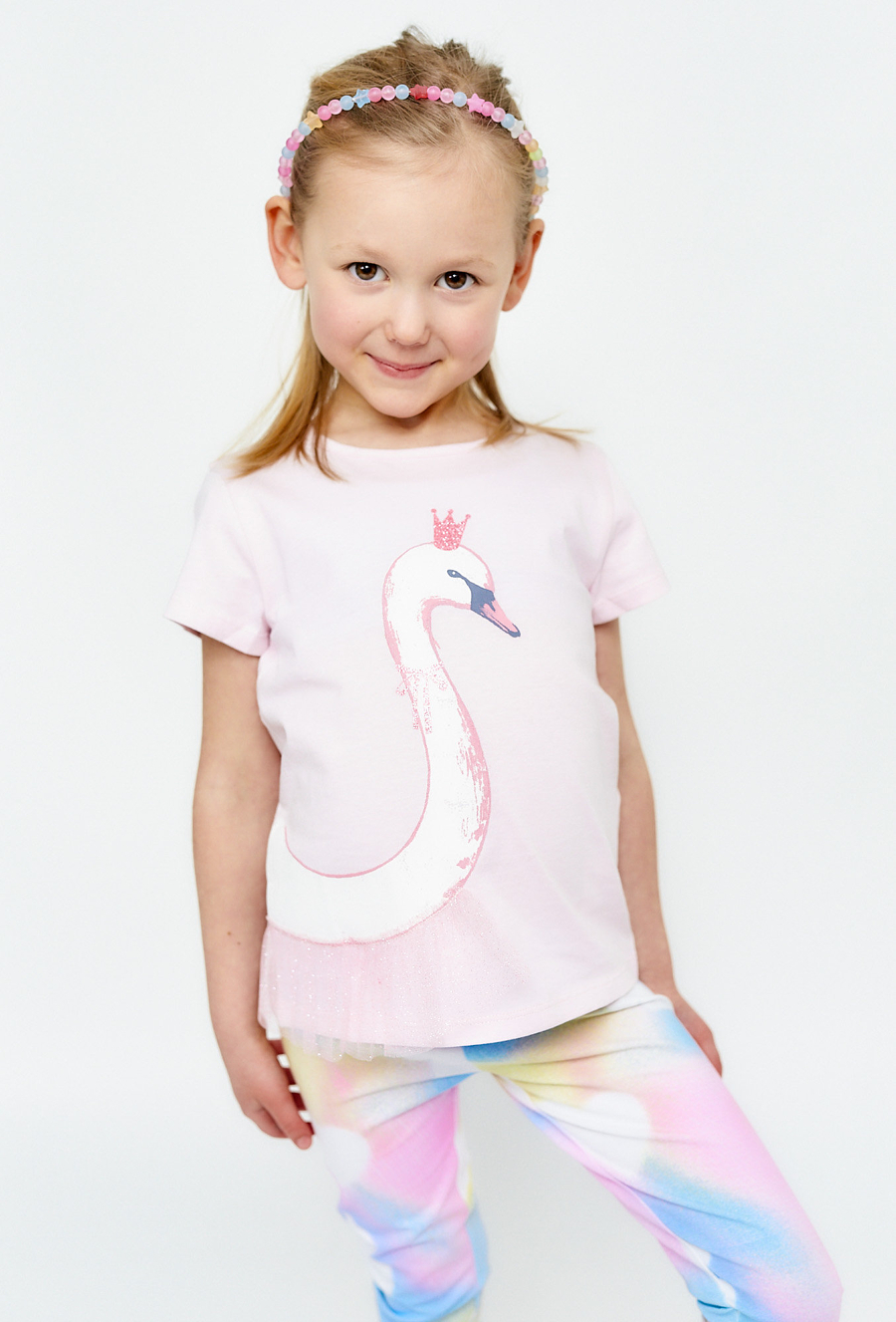 Różowy T-shirt dziewczęcy z łabędziem