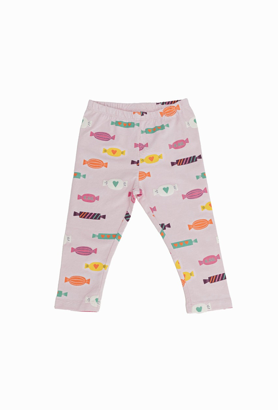 Różowe legginsy dziewczęce z nadrukiem cukierków.