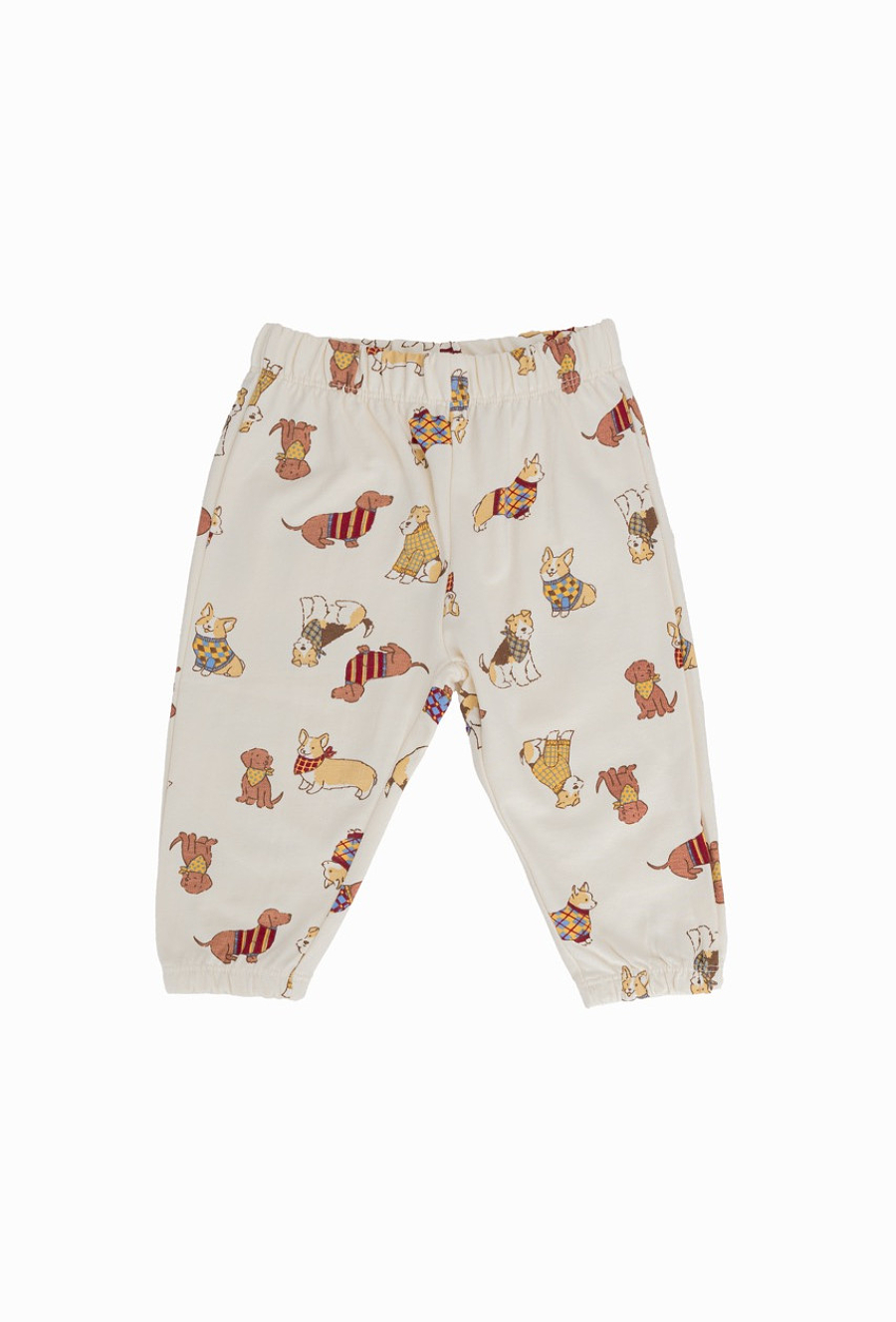 Beżowy komplet dresowy dziecięcy z nadrukiem piesków.