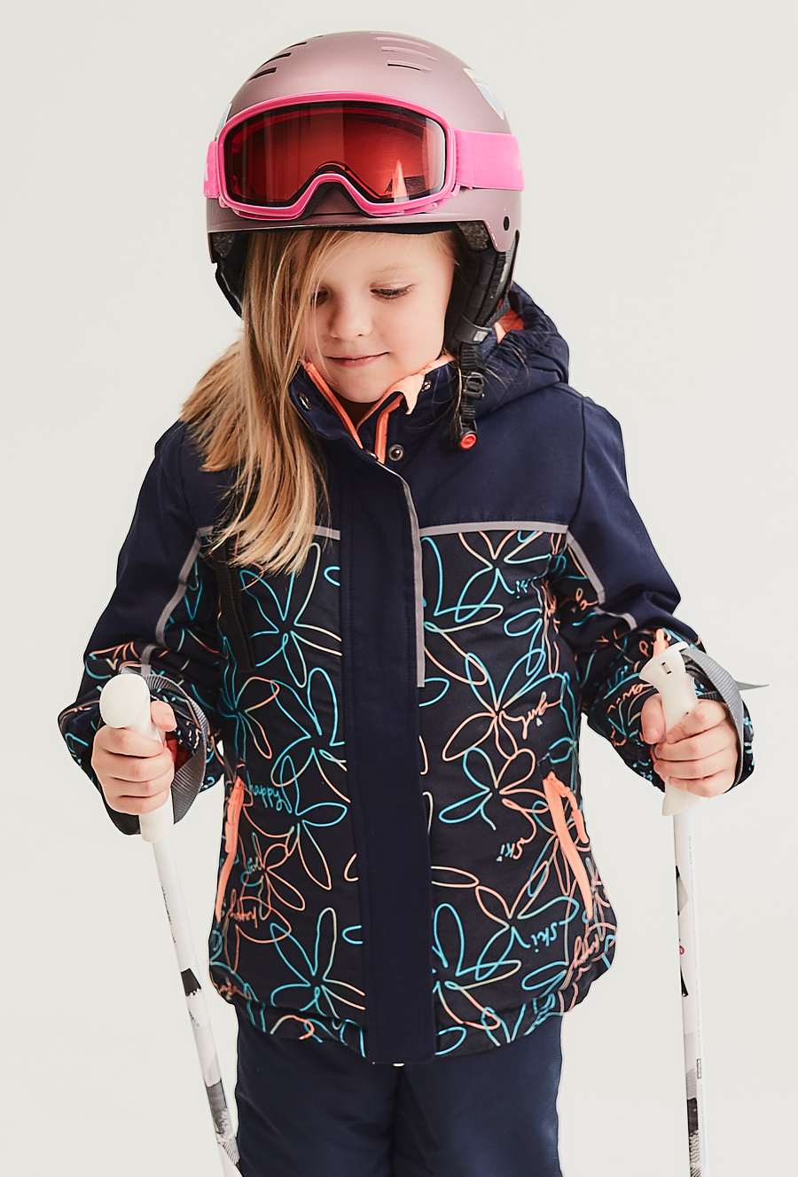 Kurtka narciarska dla dziewczynki granatowa w kwiaty - 510.15.