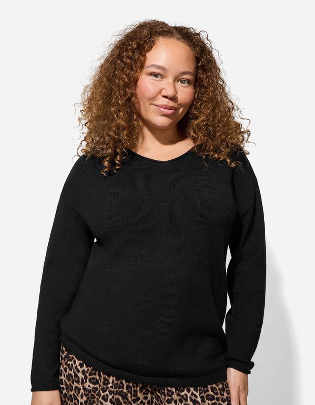 Pulóver - V-kivágás - fekete