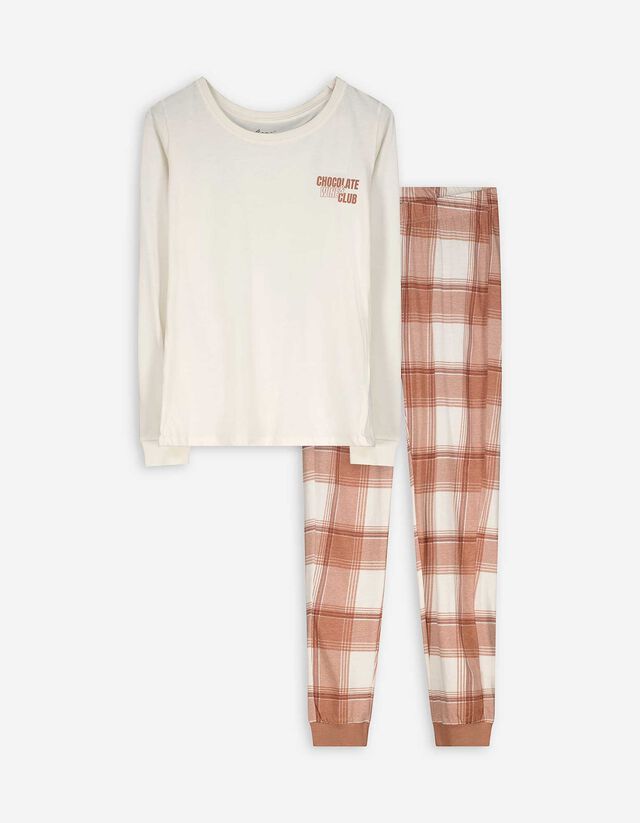 Hosszú ujjú ingből és nadrágból álló pizsama szett - feher