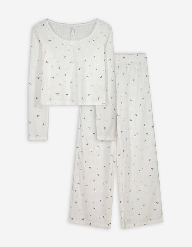 Felsőből és nadrágból álló pizsama szett - Strukturált anyag - feher