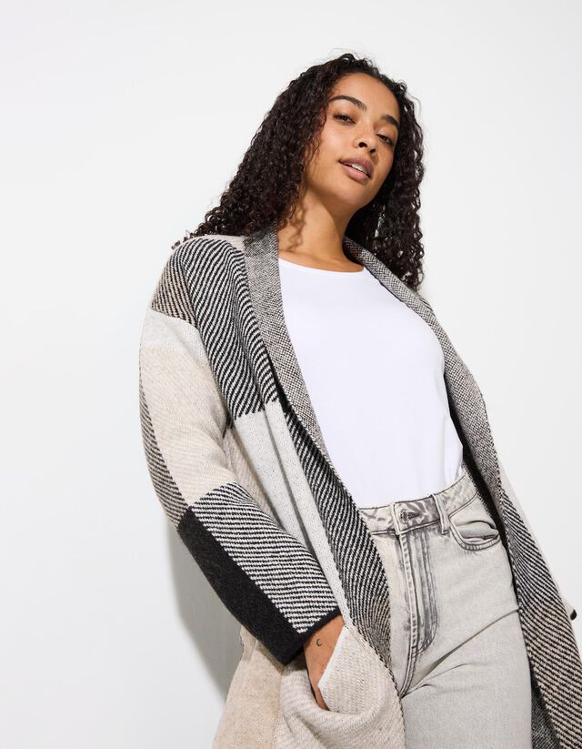 Hosszított kardigán - Kockás - feher