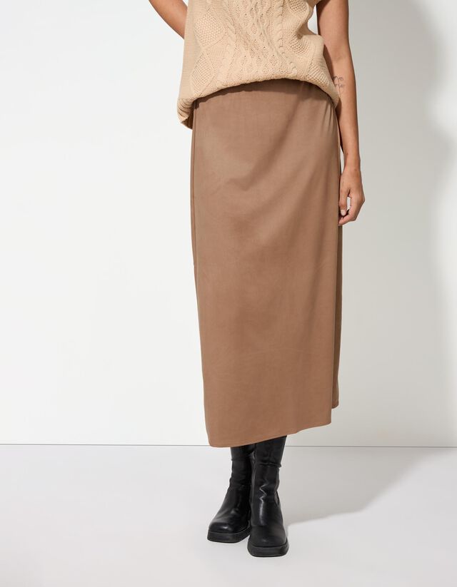 Térdig érő szoknya - Velúr utánzat - barna