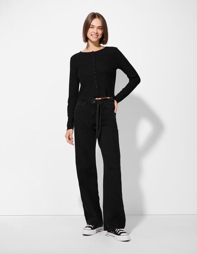 Hosszú ujjú felső - Bordázott - fekete