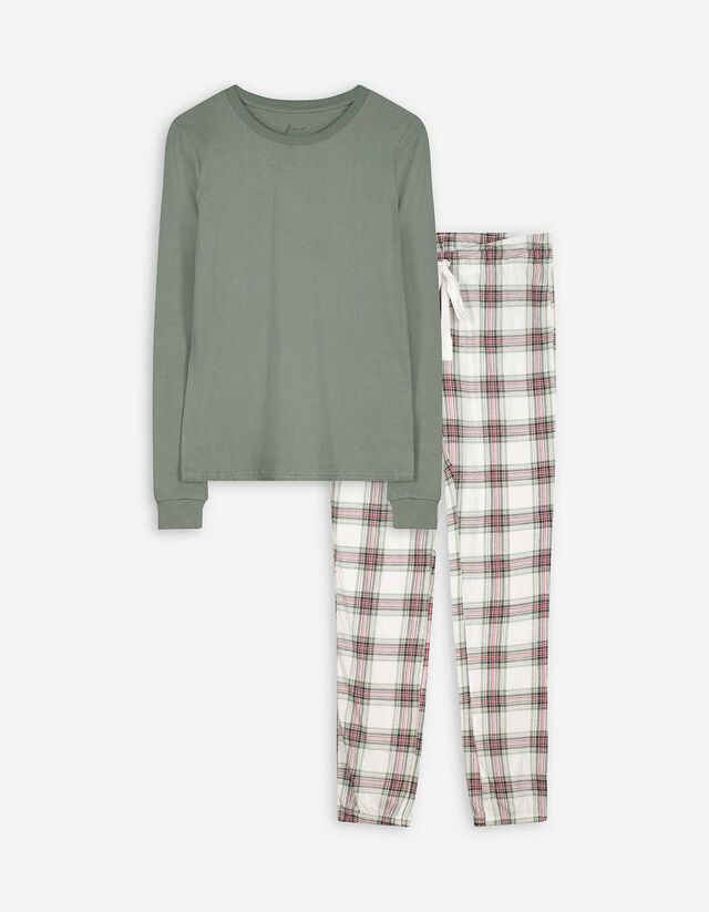 Felsőből és nadrágból álló pizsama szett - Dzsörzé - sötétzöld