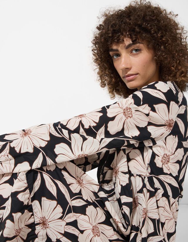 A-vonalú ruha - Virágmintás - fekete