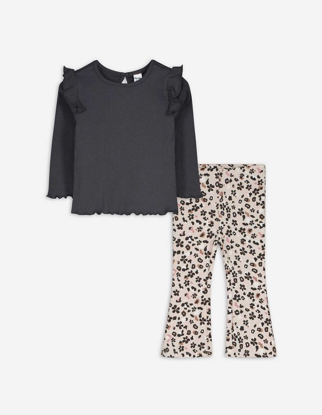 Hosszú ujjú felsőből és leggingből álló szett - Elszórt nyomott minta - sötétszürke