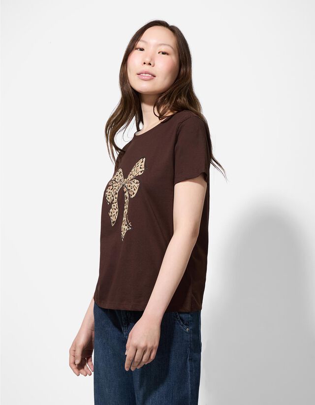 Póló - Csillámos nyomott minta - sötétbarna