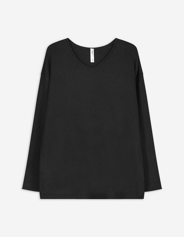 Pulóver - V-kivágás - fekete