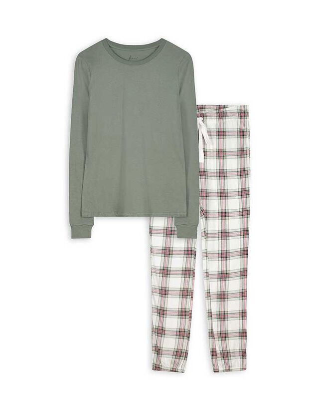 Felsőből és nadrágból álló pizsama szett - Dzsörzé - sötétzöld