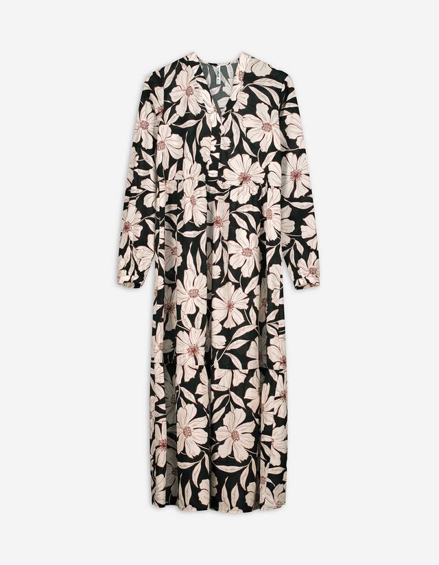 A-vonalú ruha - Virágmintás - fekete