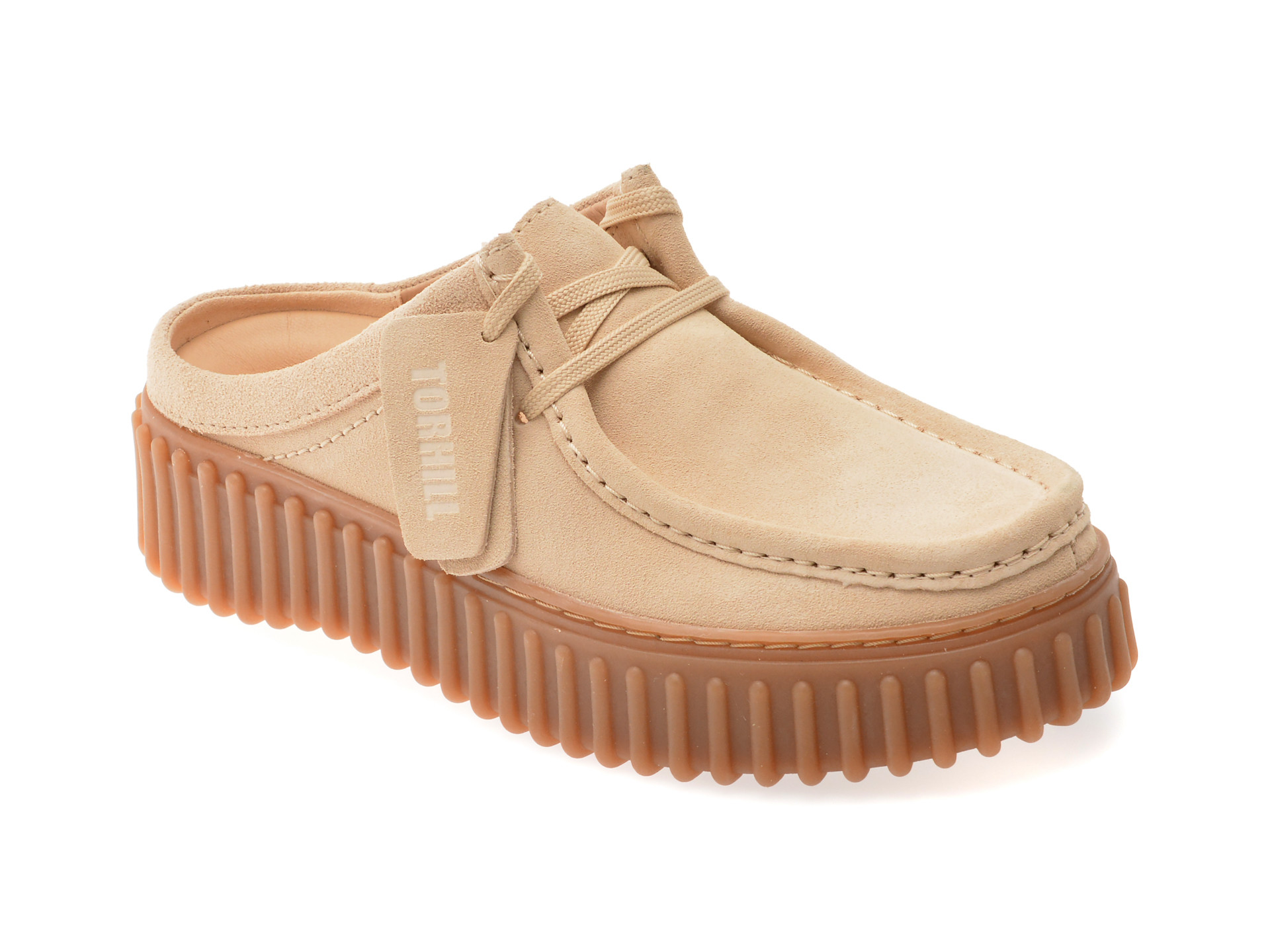 Papuci CLARKS bej, TORHILL MULE, din piele intoarsa
