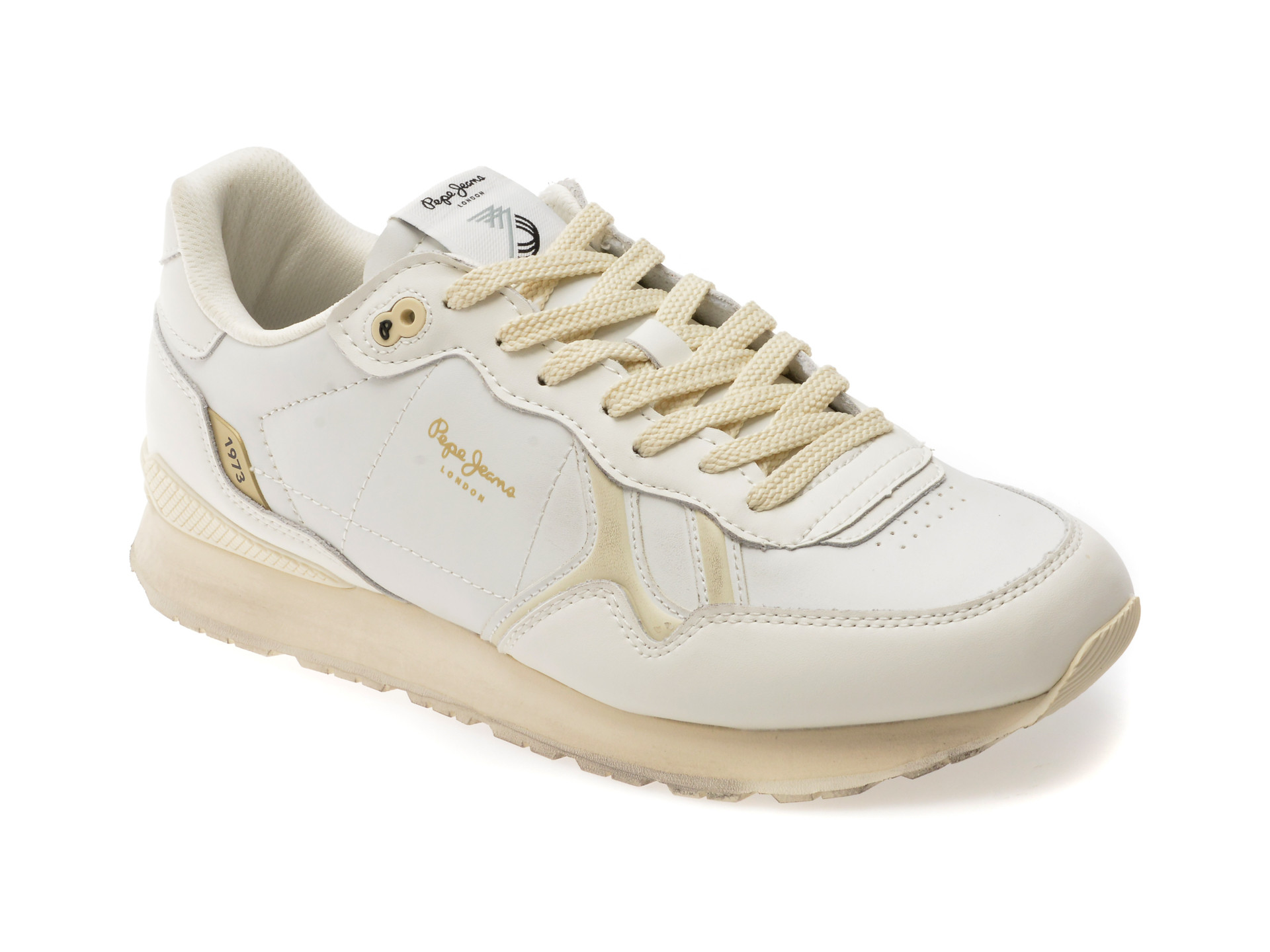 Pantofi sport PEPE JEANS albi, BRIT DISTRESS, din piele ecologica
