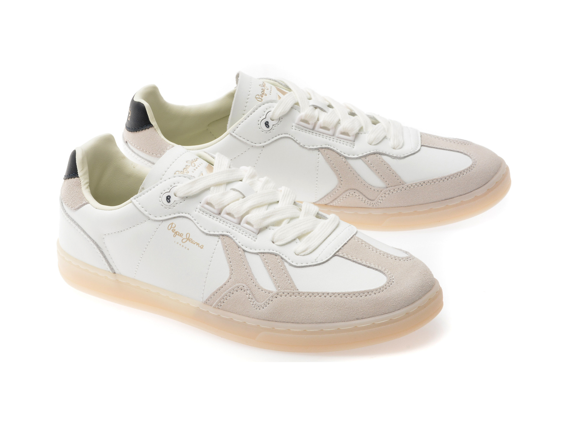 Pantofi sport PEPE JEANS albi, BALL CLUB, din piele naturala
